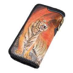 Handmade Leather Tooled Chinese Dragon Tiger Mens Chain Biker Wallet Cool Leather Wallet Long Clutch Wallets for Men