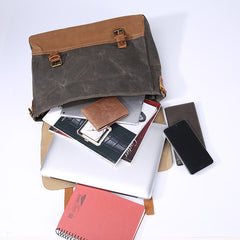 Canvas Leather Mens Side Bag Gray 14'' Briefcase Postman Bag Messenger Bag for Men - iwalletsmen
