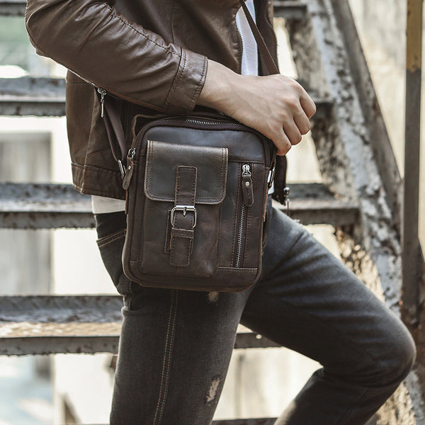 Fashion Brown Leather Mens Small Vertical Side Bag Messenger Bag Tablet Bag For Men - iwalletsmen