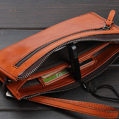 Handmade Leather Mens Cool Long Leather Wallet Zipper Clutch Wristlet Wallet for Men