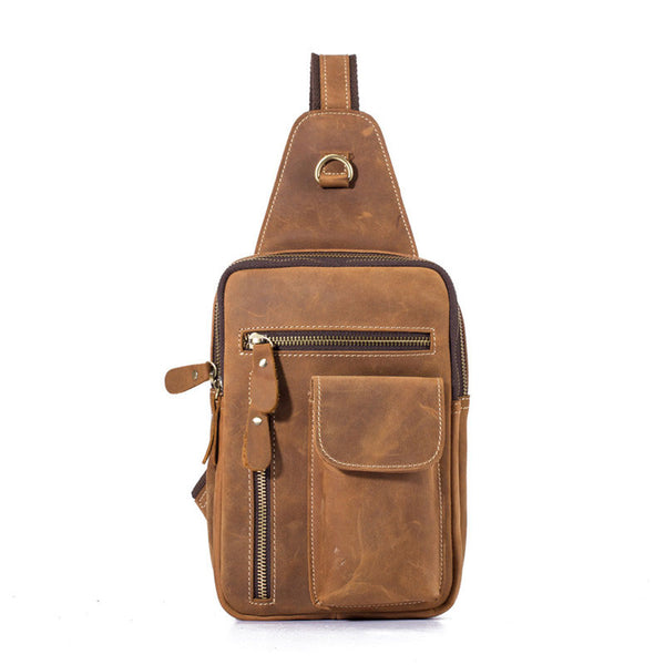 Brown Leather One Shoulder Backpack Chest Bag Sling Bag Sling  Crossbody Bag For Men - iwalletsmen