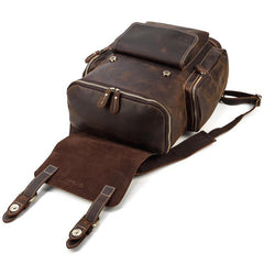 Dark Brown Leather Mens Large 15'' Travel Backpack College Backpack Barrel Backpack for Men - iwalletsmen