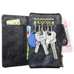 Handmade Leather Floral Mens Cool Key Wallet Wallet Card Holder Small Card Keychain Wallets for Men