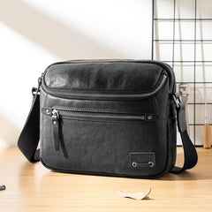 Casual Black Leather Mens 10 inches Postman Bag Black Courier Bag Messenger Bags Side Bag for Men - iwalletsmen