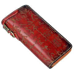 Handmade Leather Mens Chinese Handwriting Chain Biker Wallet Cool Leather Wallet Long Phone Wallets for Men