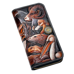 Handmade Leather Tooled The Animals Mens Chain Zipper Biker Wallet Cool Leather Wallet Long Phone Wallets for Men