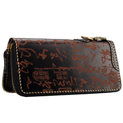 Handmade Leather Mens Chain Chinese Handwriting Biker Wallet Cool Leather Wallet Long Phone Wallets for Men