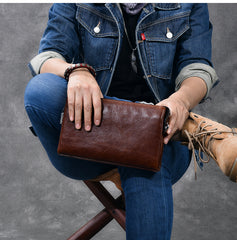 Black Leather Mens Brown Business Long Wallet Clutch Bag Wristlet Wallet For Men - iwalletsmen