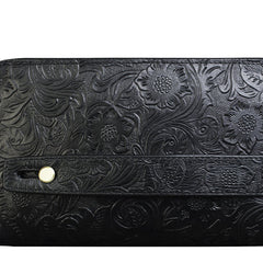 Handmade Leather Floral Tooled Mens Clutch Cool Slim Wallet Zipper Clutch Wristlet Wallet for Men