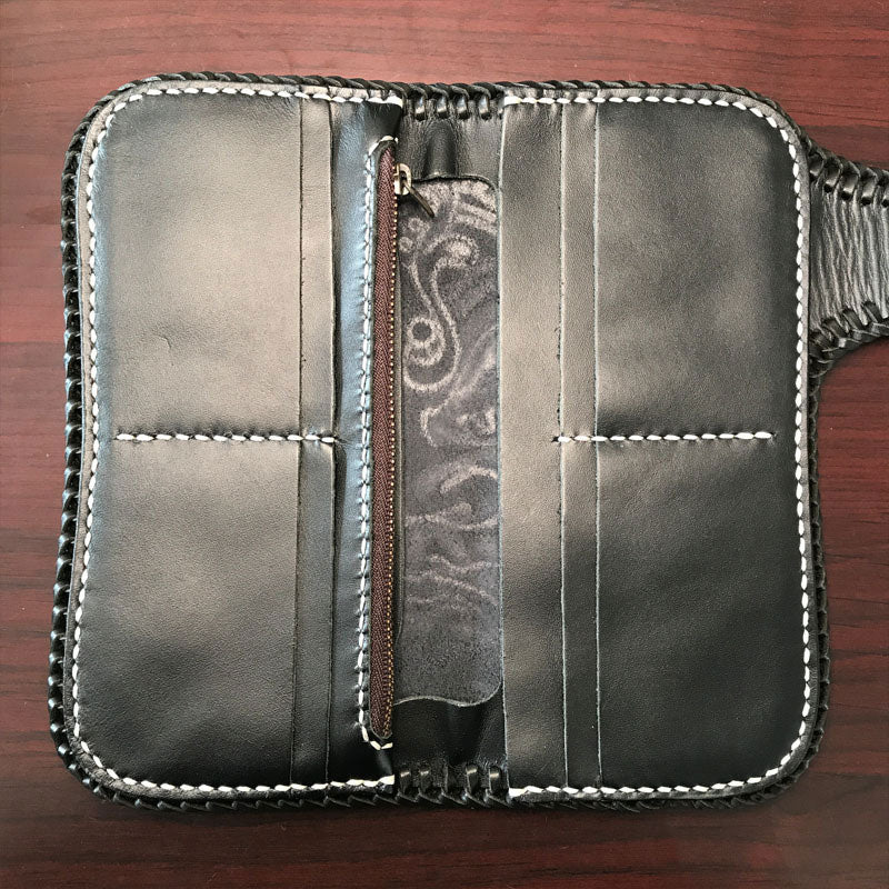 Handmade Leather Mens Cool Black Buddha Chain Wallet Biker Trucker Wallet with Chain