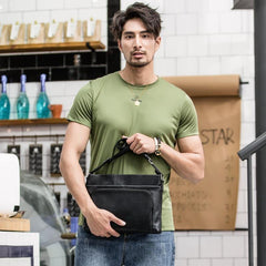 Black Casual Leather Mens 10 inches Side Bag Postman Bag Black Messenger Bag Courier Bag for Men - iwalletsmen