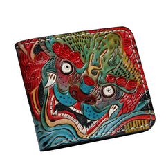 Handmade Leather Chinese Lion Tooled Mens billfold Wallet Cool Leather Wallet Slim Wallet for Men