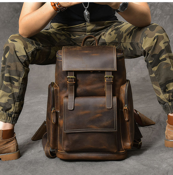 Brown Leather Mens 15" Laptop Backpack Travel Backpack Coffee College Backpack for Men - iwalletsmen