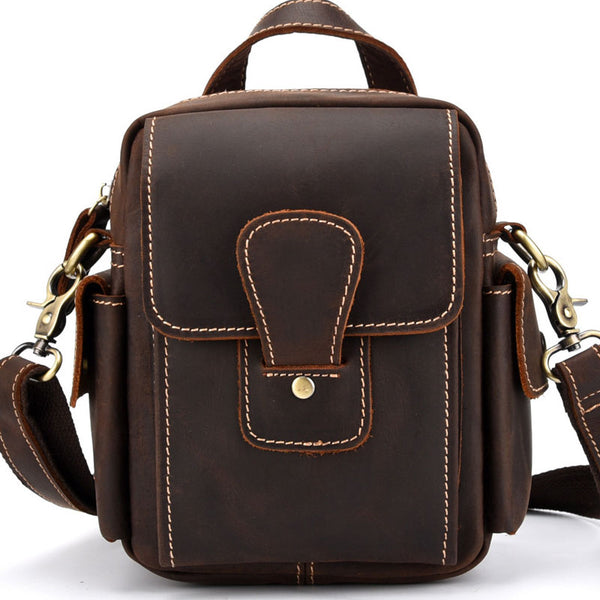 Vintage Brown Leather Mens Small Side Bag Tablet Bag Belt Bag Camera Bag For Men - iwalletsmen