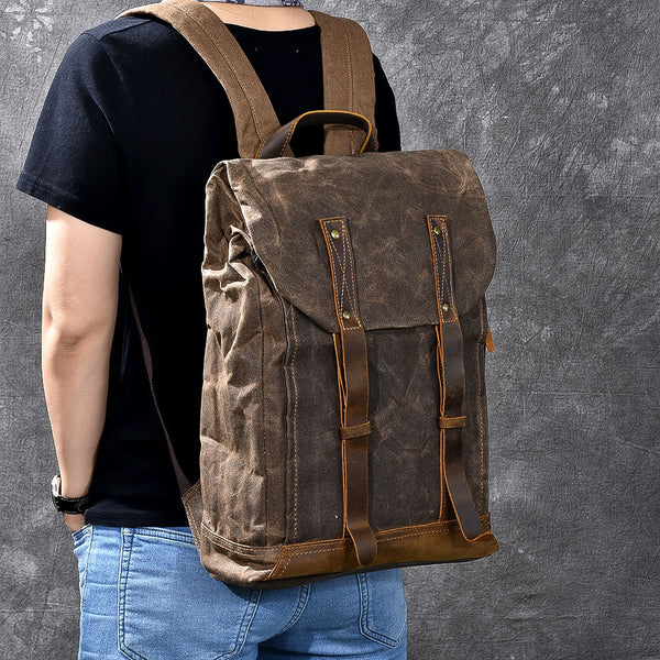 Waxed Canvas Leather Mens 15" Gray Computer Backpack Brown Travel Backpack College Backpack for Men - iwalletsmen