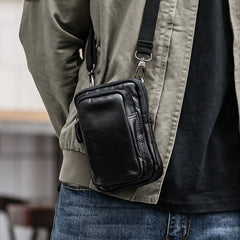 Black Leather Mens Mini Messenger Bag Belt Pouch Tan Side Bag Phone Bag Belt Bag For Men - iwalletsmen