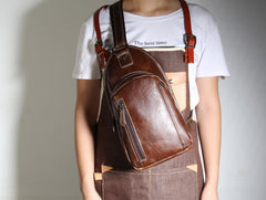 Genuine Leather Mens Cool Chest Bag Sling Bag Crossbody Bag Travel Bag Hiking Bag for men