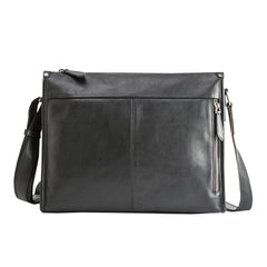 Fashion Black Leather Mens 12 inches Side Bag Messenger Bags Black Postman Bag Courier Bag for Men - iwalletsmen