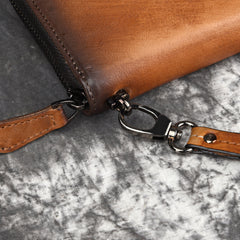 Vintage Brown Leather Men's Clutch Long Wallet Tan Zipper Wristlet Wallet For Men - iwalletsmen