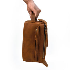 Brown Leather Men's Clutch Bag Double Zipped Dark Brown Wristlet Handbag Storage Bag For Men - iwalletsmen