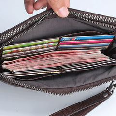Handmade Leather Mens Cool Long Leather Wallet Zipper Clutch Wristlet Wallet for Men