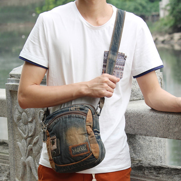 Denim Blue Mens Postman Bag Casual Small Vertical Messenger Bag Jean Courier Bag For Men - iwalletsmen