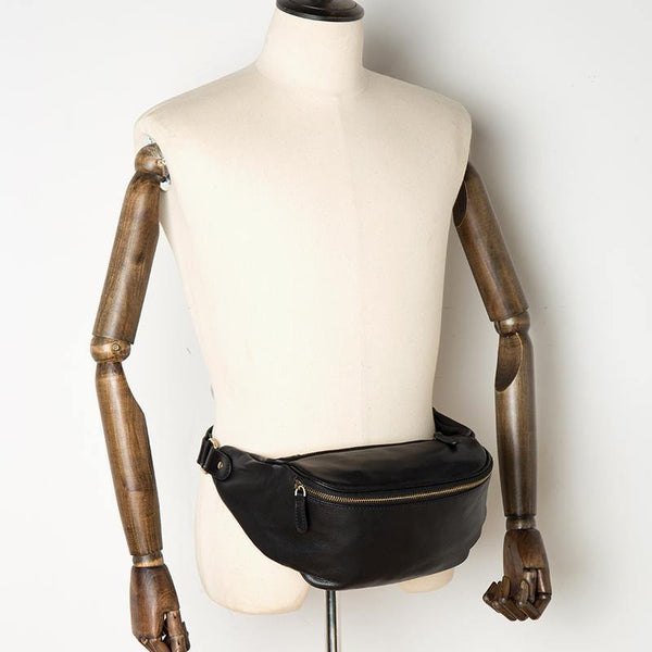 Black Leather Mens Fanny Pack Waist Bag Hip Pack Blue Belt Bag Bumbags for Men - iwalletsmen