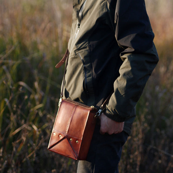 Handmade Vintage Brown Leather Mens Box Bag Shoulder Bag Messenger Bag for Men - iwalletsmen