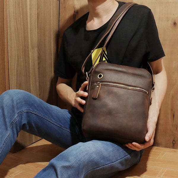 Casual Dark Coffee Leather Messenger Bag Men's 8 inches Side Bag Vertical Phone Bag Courier Bag For Men - iwalletsmen