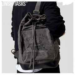 Fashion Canvas Leather Mens Bucket Sling Bag Sling Pack Khaki Canvas Sling Backpack for Men - iwalletsmen