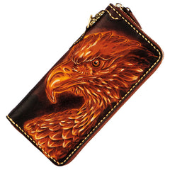 Handmade Leather Mens Tooled Eagle Chain Biker Wallet Cool Leather Wallet Long Clutch Wallets for Men