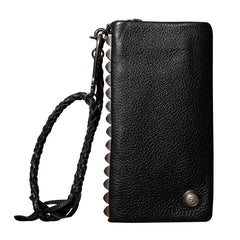 Genuine Leather Mens Cool Biker Chain Wallet Long Leather Wallet Clutch Wristlet Wallet for Men