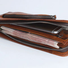 Handmade Leather Mens Cool Long Leather Wallet Zipper Phone Clutch Wallet - iwalletsmen