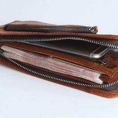 Handmade Leather Mens Cool Long Leather Wallet Zipper Phone Clutch Wallet