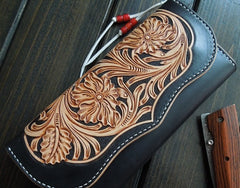 Handmade Leather Mens Clutch Tooled Floral Wallet Cool Wallet Long Wallets Biker Chain Wallet for Women Men