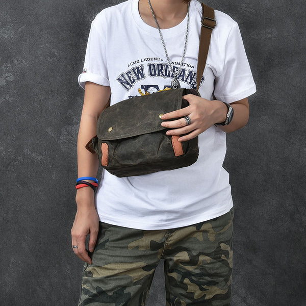 Waxed Canvas Leather Mens Gray Side Bag Khaki Messenger Bag Small Courier Bag For Men - iwalletsmen