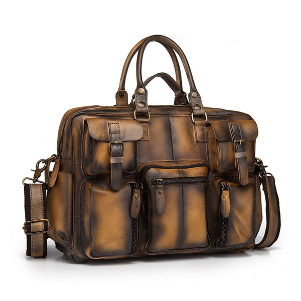 Cool Leather Men Vintage Briefcase 14inch Work Bags Handbag Shoulder Bags For Men - iwalletsmen