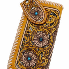 Handmade Mens Cool Tooled Floral Leather Chain Wallet Biker Trucker Wallet with Chain
