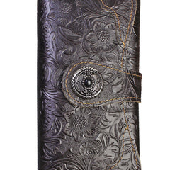 Handmade Leather Floral Mens Cool Travel Long Wallet Card Holder Card Slim Clutch Wallets for Men