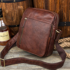Casual Brown Leather Courier Bag 10 inches Vertical Small Messenger Bags Postman Bag for Men - iwalletsmen