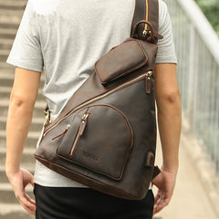 Vintage Large Brown Leather Men's Sling Bag Chest Bag One Shoulder Backpack For Men - iwalletsmen