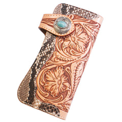 Handmade Mens Cool Tooled Boa Skin Floral Leather Chain Wallet Biker Trucker Wallet with Chain