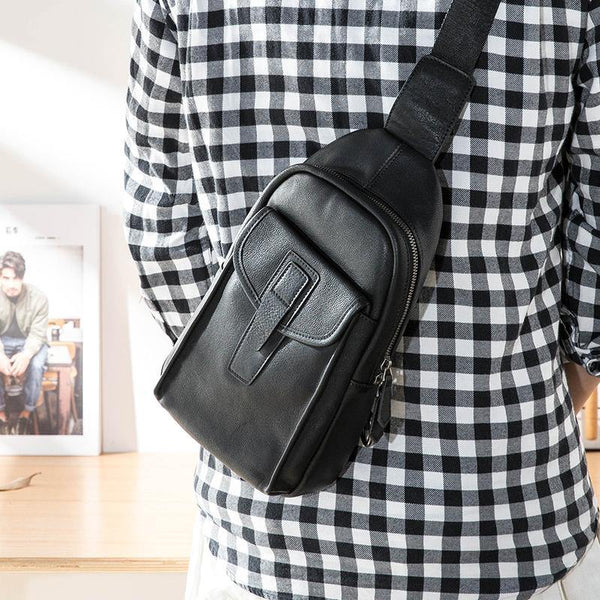 Cool Mens Black Leather 8 inches Chest Bag Sling Black One Shoulder Backpack Sling Backpack for men - iwalletsmen