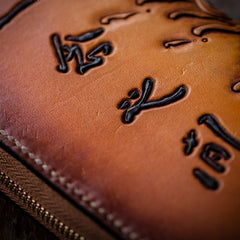 Handmade Leather Mens Clutch Wallet Cool Buddha&Demon Tooled Wallet Long Zipper Wallets for Men