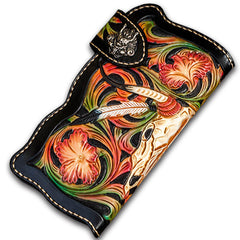 Handmade Leather Black Mens Tooled Skull Chain Biker Wallet Cool Leather Wallet Long Clutch Wallets for Men