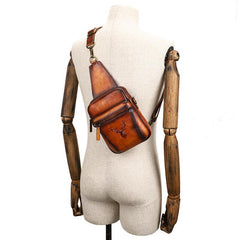 Vintage Brown Leather Deer Womens Men's Sling Bag Chest Bag Sling Pack Sling Backpack For Men - iwalletsmen
