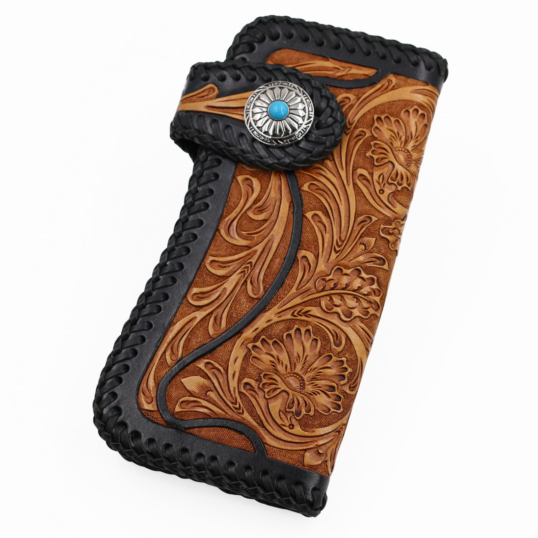 Handmade Mens Cool Tooled Floral Leather Chain Wallet Biker Trucker Wallet with Chain - iwalletsmen
