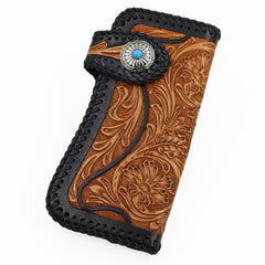 Handmade Mens Cool Tooled Floral Leather Chain Wallet Biker Trucker Wallet with Chain - iwalletsmen