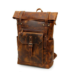 Black Mens Leather 15 inches Large School Laptop Backpack Brown Travel Backpacks for Men - iwalletsmen