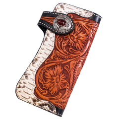 Handmade Mens Cool Tooled Boa Skin Floral Leather Chain Wallet Biker Trucker Wallet with Chain